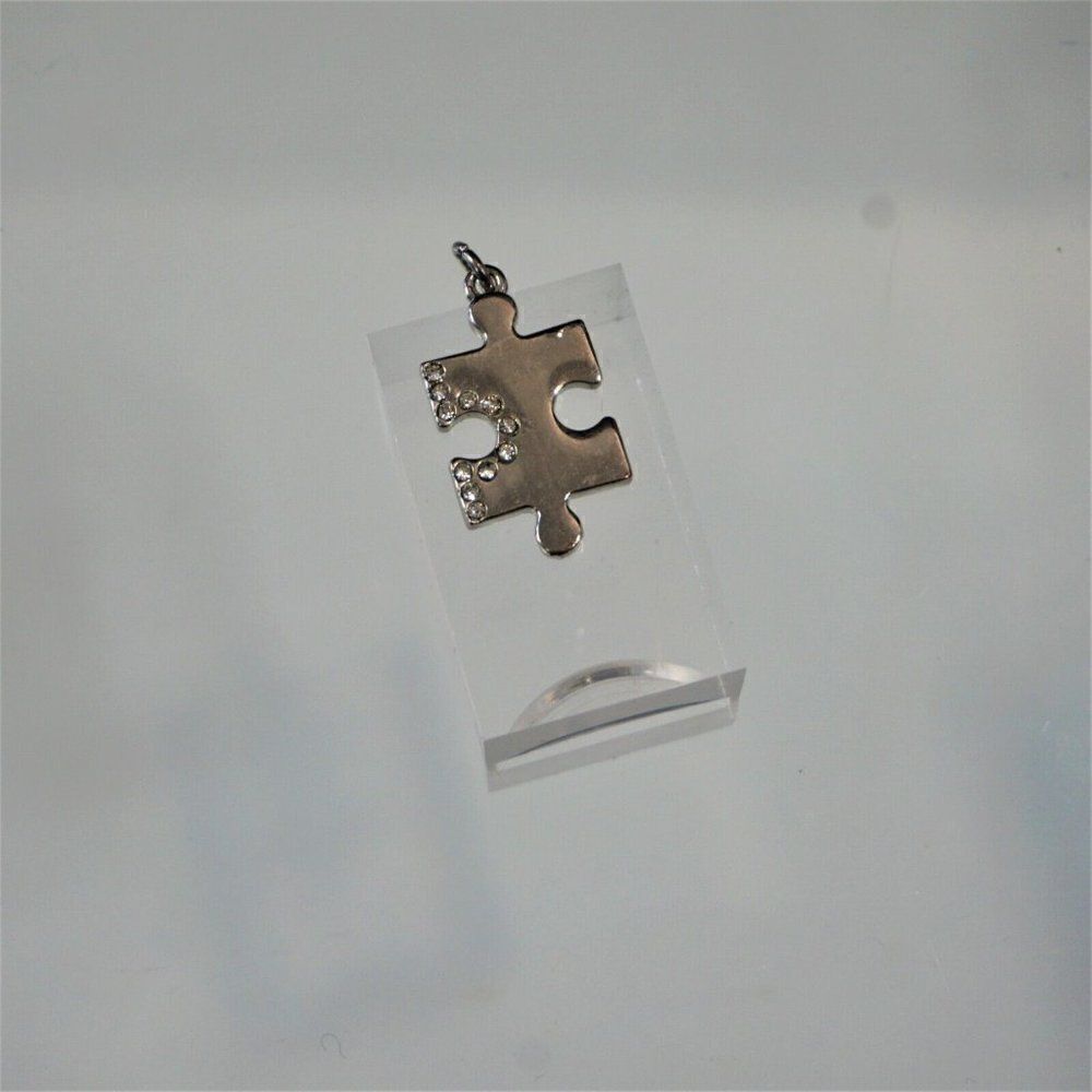 Jigsaw Puzzle Piece Charm With Rhinestones Silver Tone Metal